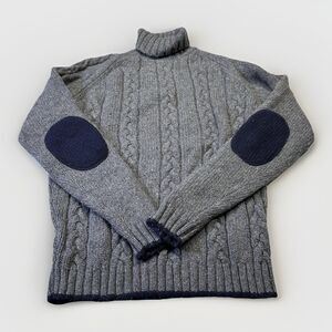 Riggins Original Gray Cable Knit Turtleneck Sweater Sm Lambswool Elbow Patches